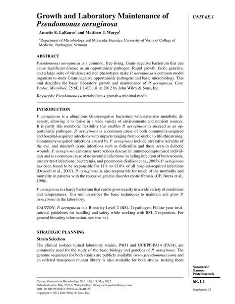 Growth and Laboratory Maintenance of Pseudomonas aeruginosa.